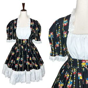 Vintage Raggedy Ann & Andy Western Eyelet Ruffle Puff Sleeve Square Dance Dress